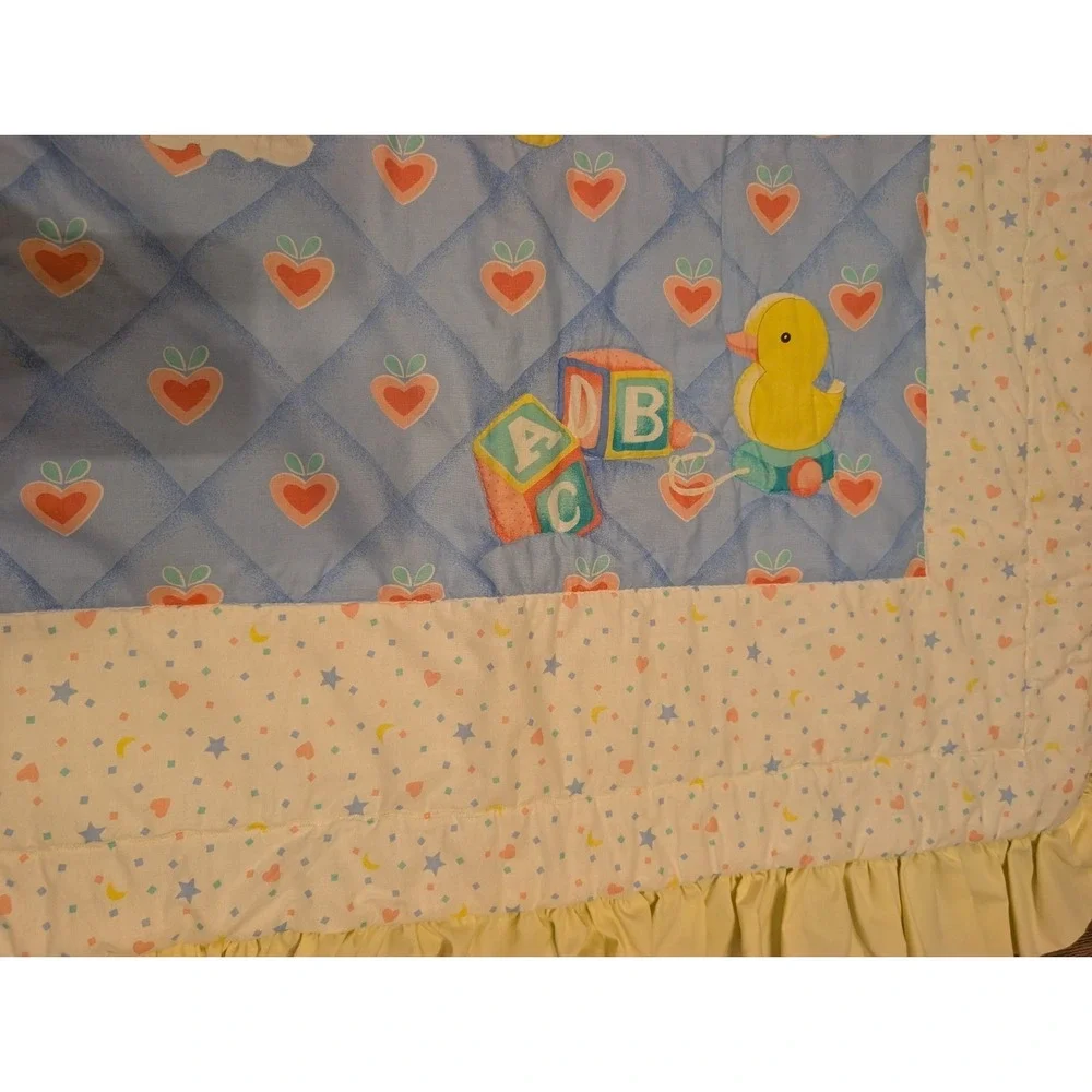 VTG Baby Crib Quilt Blanket Bear Elephant Duck Hearts Nursery Handmade Ruffle